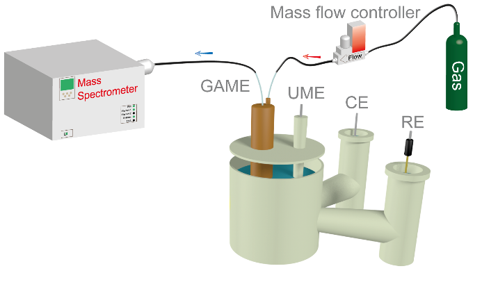 Cartoon of electrochemical MS configuration showing GAME electrode placed in electrochemical cell allowing collection of product gases.